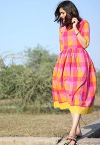 Pink And Yellow Checks Cotton Dress - XL
