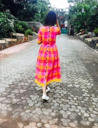 Pink And Yellow Checks Cotton Dress - XL