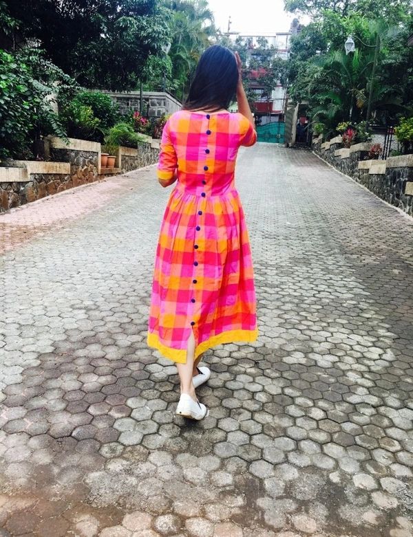 Pink And Yellow Checks Cotton Dress - XL