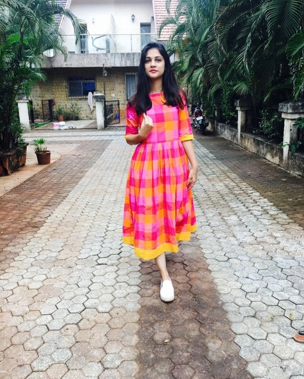 Pink And Yellow Checks Cotton Dress - XXL