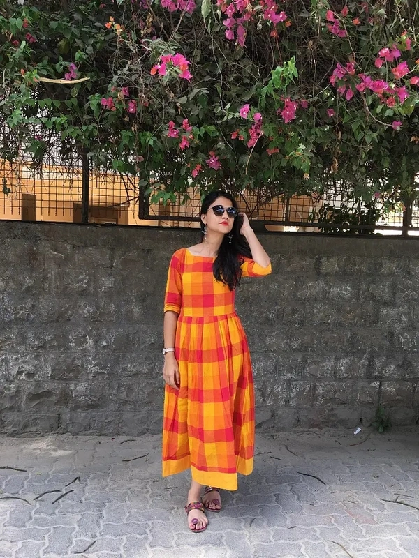 Orange And Yellow Checks Dress - XL