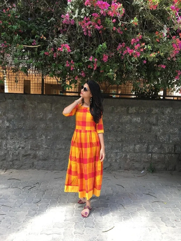 Orange And Yellow Checks Dress - XL