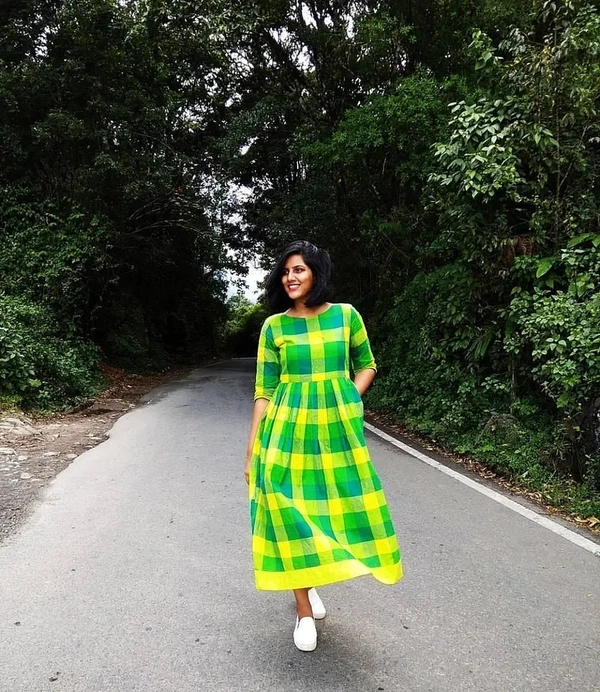Green And Yellow Checks Cotton Dress - XXXL