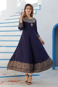 Women Printed Rayon Anarkali With Dupatta Set - Blue, XL