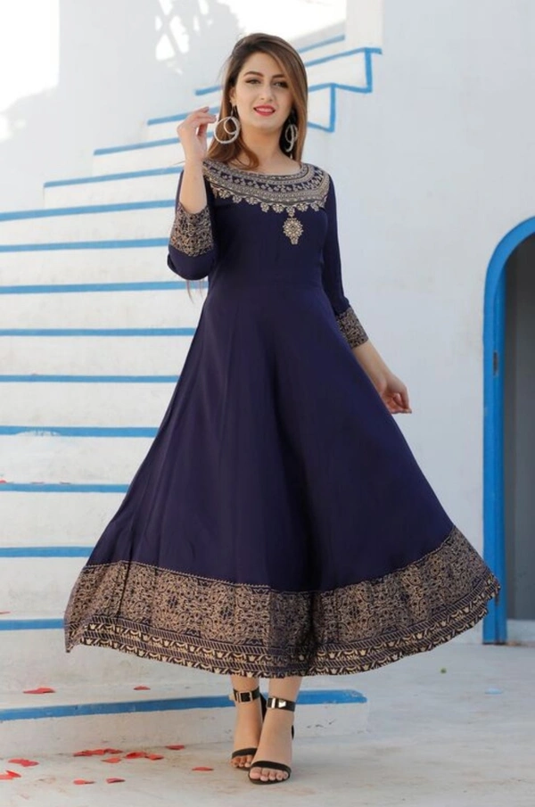 Women Printed Rayon Anarkali With Dupatta Set - Blue, XL