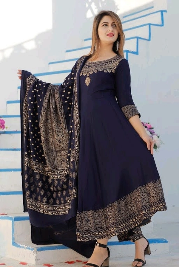 Women Printed Rayon Anarkali With Dupatta Set - Blue, XL