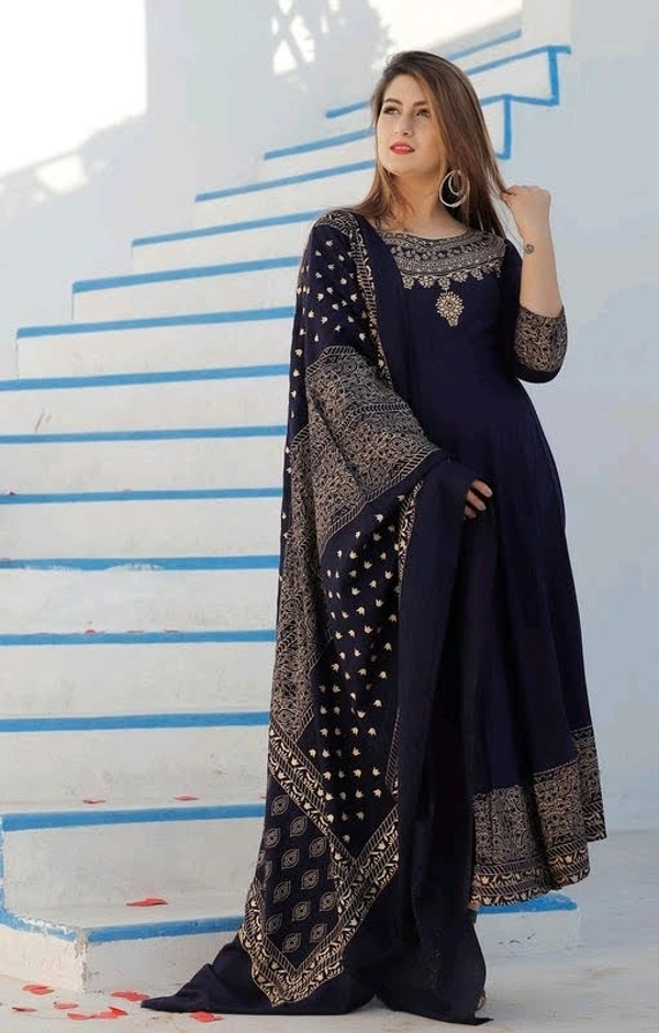 Women Printed Rayon Anarkali With Dupatta Set - Blue, XXL