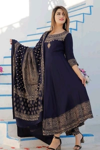Women Printed Rayon Anarkali With Dupatta Set - Blue, XXL