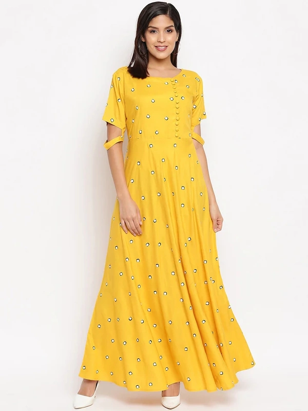 Women Rayon Flared Embroidered Yellow Kurti - S