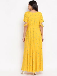 Women Rayon Flared Embroidered Yellow Kurti - S