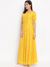 Women Rayon Flared Embroidered Yellow Kurti - S