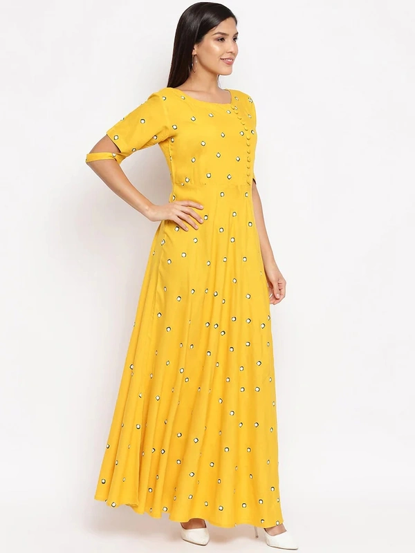 Women Rayon Flared Embroidered Yellow Kurti - M