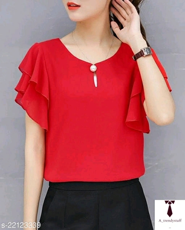 Women's Red Ruffle Sleeve Neck Button Top | Women's Top - Red, Free Delivery, S , M , L , XL