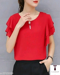 Women's Red Ruffle Sleeve Neck Button Top | Women's Top - Red, Free Delivery, S , M , L , XL