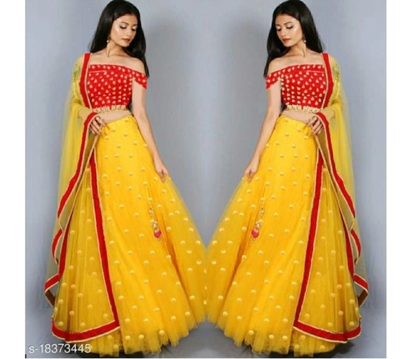 Women's new stylish and bollywood latest net lehengha choli for women with embroidery work with blouse piece  - Un-stitched, Yellow or Blue