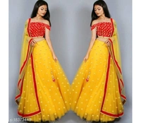 Women's new stylish and bollywood latest net lehengha choli for women with embroidery work with blouse piece  - Yellow or Red, Semi stitched