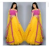 Women's new stylish and bollywood latest net lehengha choli for women with embroidery work with blouse piece  - Yellow or Red, Semi stitched
