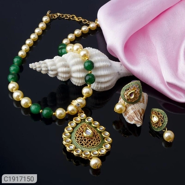 Pretty Gold Plated & Stone Necklace Set - Black, free