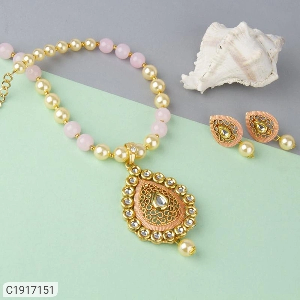 Pretty Gold Plated & Stone Necklace Set - Green, free size