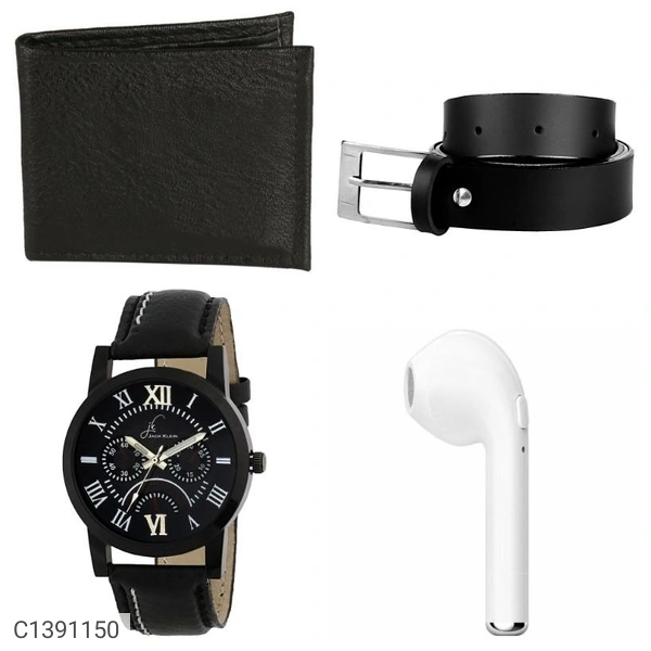 Combo Of Men's Watch , Wallet, Belt And Wireless Bluetooth Earphone with Mic - Black, free size