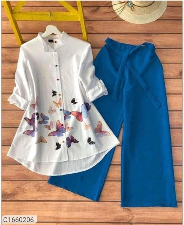 Women's Cotton Printed Top & Bottom Set - White Blue, M