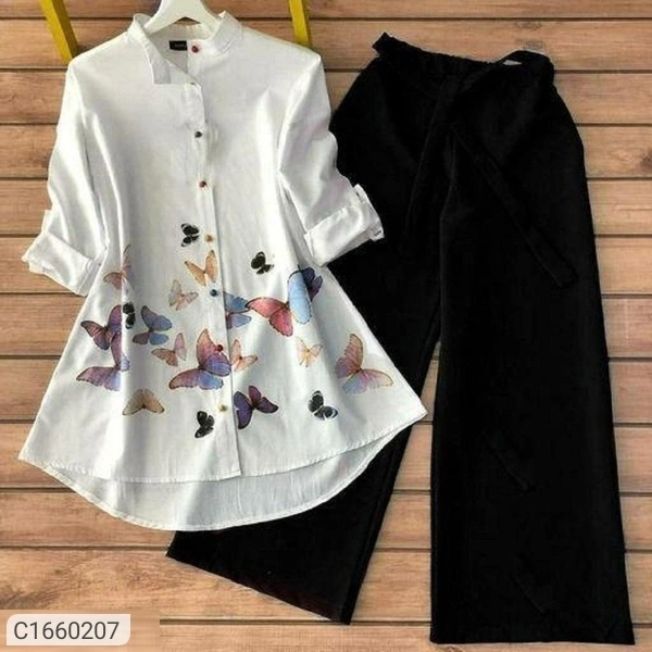 Women's Cotton Printed Top & Bottom Set - White Black, S
