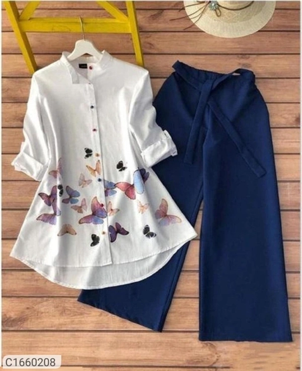 Women's Cotton Printed Top & Bottom Set - White NavyBlue, Xl