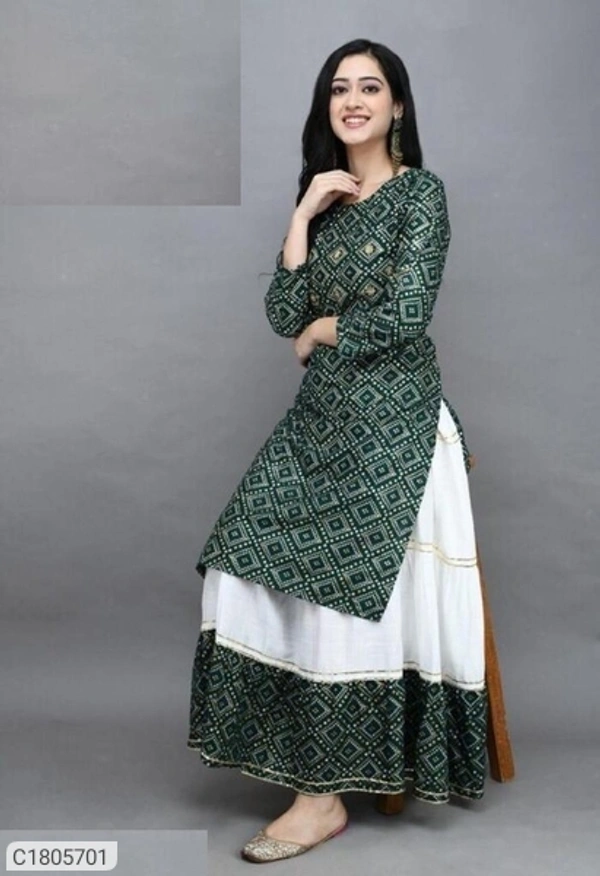 Attractive Printed Rayon Kurti Skirt Sets - Green, Xxl