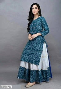 Attractive Printed Rayon Kurti Skirt Sets - Green, Xxl