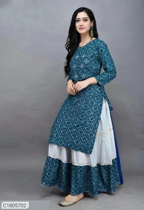 Attractive Printed Rayon Kurti Skirt Sets - Green, Xxl