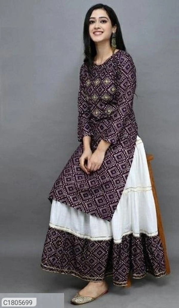 Attractive Printed Rayon Kurti Skirt Sets - Gray, M