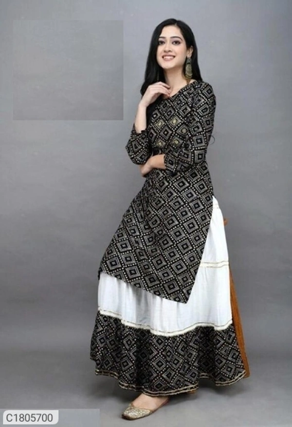 Attractive Printed Rayon Kurti Skirt Sets - Gray, M