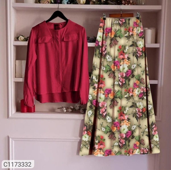 Women's Rayon Top with Skirt Sets - Pink Green, Xl
