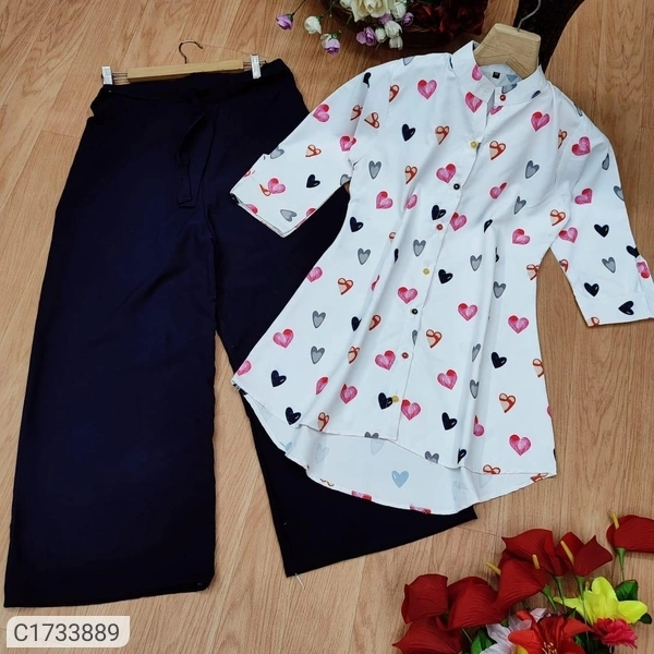 Trendy Printed Cotton Kurti Palazzo Set - Navy Blue, L
