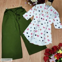 Trendy Printed Cotton Kurti Palazzo Set - Green White, Xl