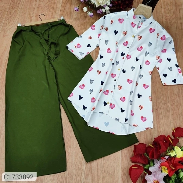 Trendy Printed Cotton Kurti Palazzo Set - Green White, Xl