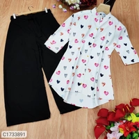 Trendy Printed Cotton Kurti Palazzo Set - Pink White, X