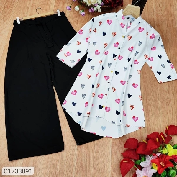 Trendy Printed Cotton Kurti Palazzo Set - Pink White, X
