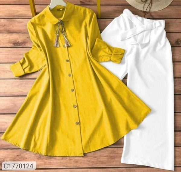 Authentic Solid Cotton Kurti Palazzo Sets - Yellow white, L