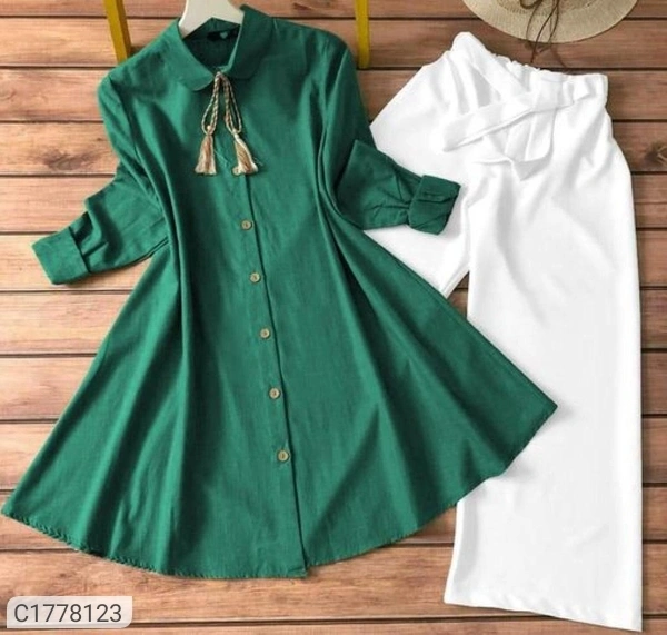 Authentic Solid Cotton Kurti Palazzo Sets - Green White, Xl