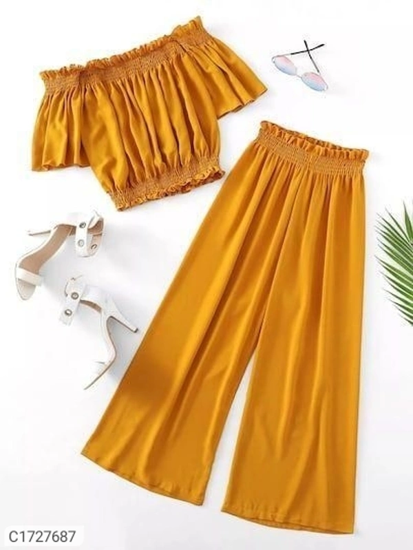 Women's Crepe Solid Top & Bottom Set - Yellow, S