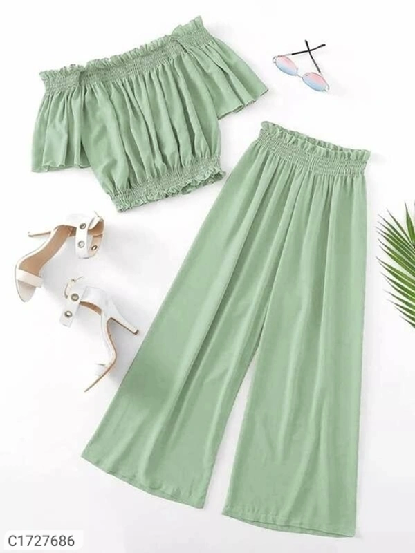 Women's Crepe Solid Top & Bottom Set - Pista, L