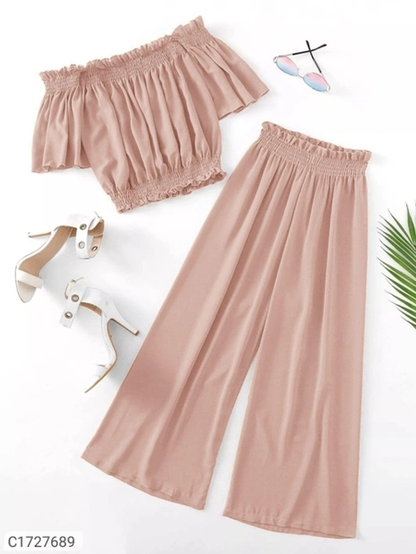 Women's Crepe Solid Top & Bottom Set - Pista, L
