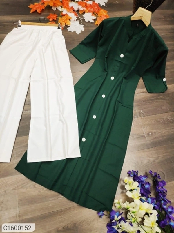 Latest Rayon Solid With Button Kurti Palazzo Sets - Green White, L
