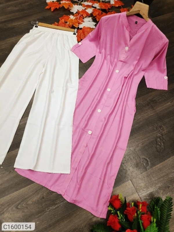 Latest Rayon Solid With Button Kurti Palazzo Sets - Yellow white, L