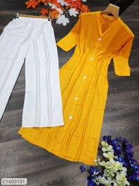 Latest Rayon Solid With Button Kurti Palazzo Sets - Yellow white, L
