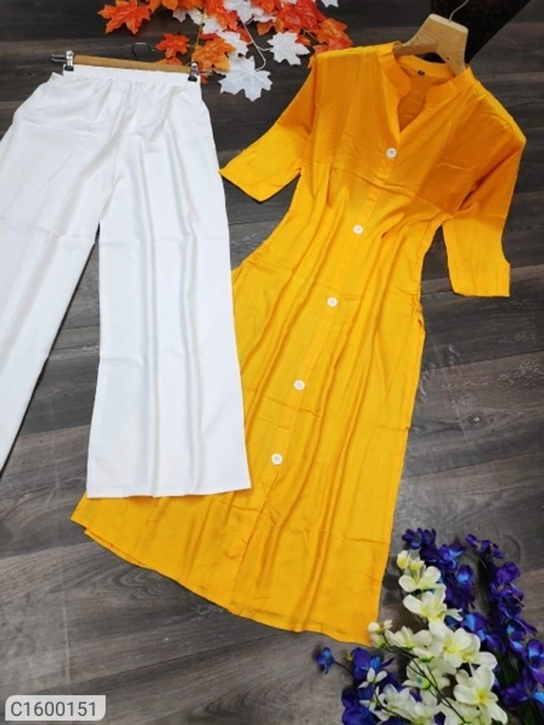 Latest Rayon Solid With Button Kurti Palazzo Sets - Yellow white, L