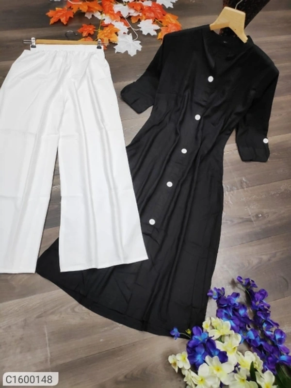 Latest Rayon Solid With Button Kurti Palazzo Sets - Black white, Xl