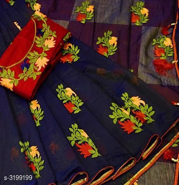 Trendy Kora Cotton Embroidery Sarees - Blue, Free Size
