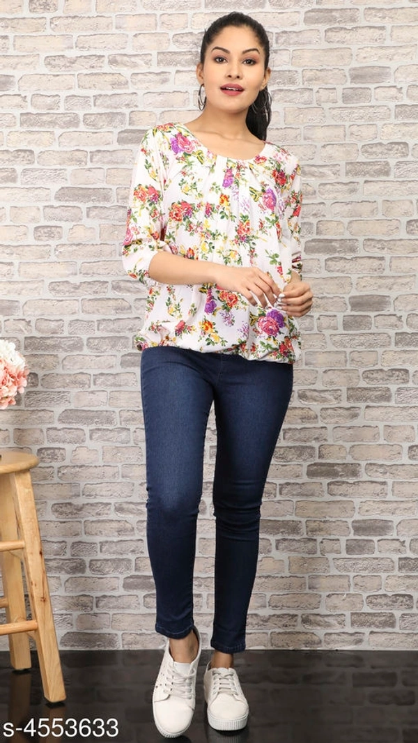 Women's Printed White Crepe Top - XXL